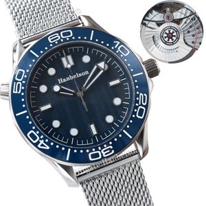 MENS Titta 42mm Blue Ceramic Bezel Automatisk rörelse Lysande Dial Screw Crown Mesh Band Metal Strap Wristwatch