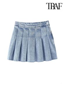 Skirts TRAF Women Fashion Pleated Denim Mini Skirt Vintage High Waist Side Zipper Female Skirts Mujer 230328