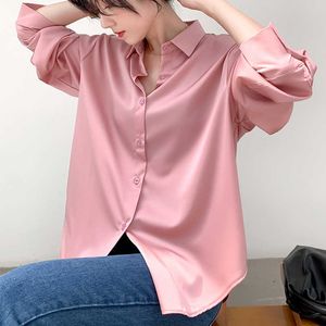 女性用ブラウスシャツサテンシャツ女性用服ラグジュアリーシルクシャツヴィンテージブラウスオフィスレディーシアートップロングリーブドレスシャツレディースオーバーシャ​​ツY2303