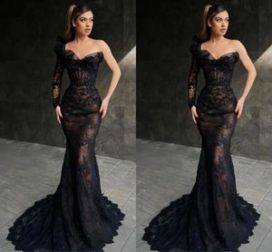 Dubai Arabski czarny syrena wieczorowe sukienki na jedno ramię koronkowe aplikacje formalne wieczorne sukienka na imprezę PROM BROIDA Pageant Celebrity Specjalne okazje suknie