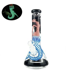 11 '' Glass Bong Glow i den mörka sjöjungfrun handmålade rökröret tjock bägarhoppning med downstem 14mm hanskål
