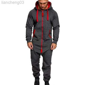 Men's Tracksuits Mens Pure Color Splicing Jumpsuit Men One-piece Garment Pajama Playsuit Zipper Hoodie Male Onesie Jumpsuits Overalls Hombre 2020 W0328