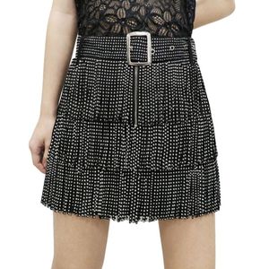 Skirts Heavy Drilling Rhinestones Fringed Skirt with Belt Womens High Waist Mti Layer Short Cake