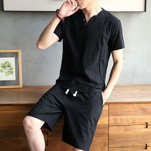 Women's Sleepwear Summer Men's T-Shirt Two-Piece Cotton and Linen Solid Color V-Neck Thin Short-Sleeved Shorts Set 230328