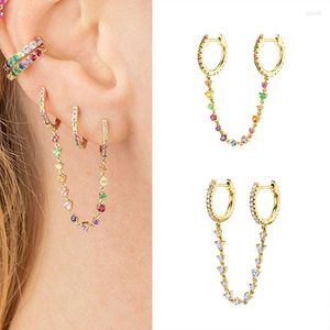 Hoop Earrings Fashion Colorful Zircon Chain Pendant S925 Silver Needle Vintage Metal Ear Chains Double Ring Girls Buckle