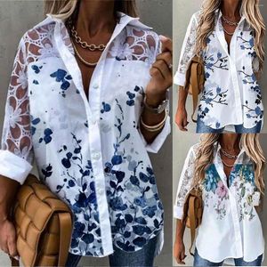 Kvinnors blusar Fashion Sheer Lace Woman Shirt Casual Plus Size Elegant Blue Button Lapel Cardigan Top Lady V-ringad Blusa