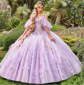 Lila quinceanera klänningar från axel medeltida balklänning med 3D -blommor snör upp kort ärm söt 15 vestido de 15 anos robe bal medeltida BC14551