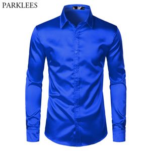 Mäns casual skjortor Royal Blue Silk Satin Shirt Men lyxmärke Slim Fit Herrklänning Skjortor Bröllopsfest Casual Male Casual Shirt Chemise 230329