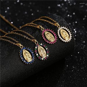 Pendant Necklaces Luxury CZ Virgin Mary For Women Crystal Peace Necklace Long Chain Copper Catholic Jewelry Virgen De Guadalupe