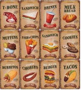 Rétro Fast Food Métal Peinture Plaques Biscuits Chips De Poisson Kebab Café Signe Art Classique Photo Décoration Murale Plaque pour Café Cuisine 30X20cm W03