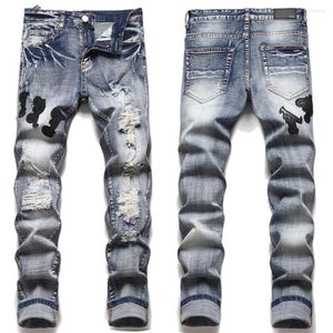 European Letter Star Jean Men Embroidery Patchwork Ripped Trend Brand Motorcycle Pant Mens Skinny Jeans