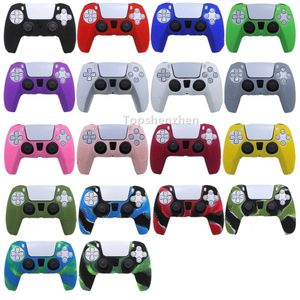 Przeciwpoślizg silikonowy skóra do playStation Dualshock 5 PS5 kontroler kamuflaż druk solidny kolor obudowy kciuk patyka czapka 19 kolorów