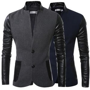 Men's Wool & Blends Spring Autumn Men Stand Collar Slim Fit Casual Coat Blazer PU Leather Sleeve Jacket Bomber