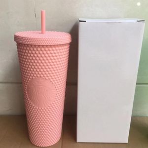 Canecas de plástico rosa fosco 2021 Starbucks com tachas 710 ml com suprimento de fábrica de palha 191s