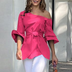Women's Blouses Chic Fashion Skew Collar Office Lady Blouse Spring One Shoulder Flare Sleeve Solid Top Pullover Summer Lace-up Bow Street