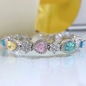Färgglada ädelstenar Diamond Bangle Armband 100% Real 925 Sterling Silver Wedding Armband för kvinnor Löfte Party Jewelry Gift