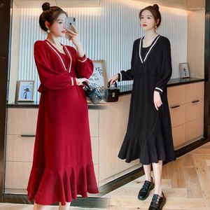 Maternity Dresses Lantern Sleeve Autumn Pregnant Women Dress V-Neck Office Lady Elegant Formal Trumpet Long Party1