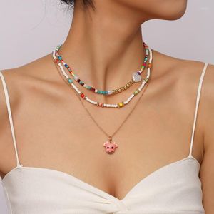 Pendant Necklaces 3 Pcs/Set Boho Ladies White Multicolor Glass Beads For Women Gold Color Chain Pink Ceramic Bull Necklace Gifts