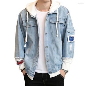 Herrenjacken Herrenmode Coole falsche zweiteilige Cowboy-Bomber-Jeansjacke mit Kapuze und Stickerei