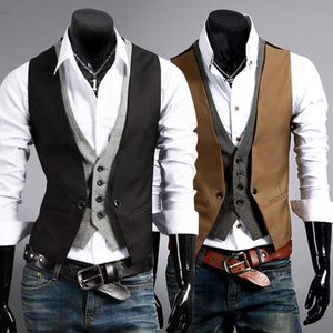 Mens Vests Men Formal Waistcoat Business Solid Color Single Button gilet Fake Twopieces V Neck Casual Slim chalecos para hombre 230329