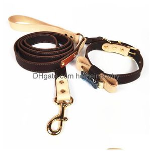 Dog Collars Leashes Luxury Pet Collar Vegetable Tanned First Layer Cowe With Bow And Bone Accessories Leash Set Drop Delivery Home Dhhlo