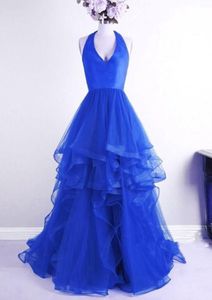 Amazing Royal Blue Long Prom Dresses Ruffled Puffy Skirt Evening Party Gowns A Line Soft Tulle Pageant Evening Dress Graduation Halter V Neck