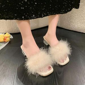 Dress Shoes 2023 Summer Elegant Fashion Women Slippers Stiletto Sandals Open Square Head High Heel Hairy Party Designer