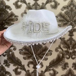 Berets Woman Pearl BRIDE Letter Cowgirl Hat With Adjustable Rope Wide Brim Bridal Western Fedora For Poshoots Supplies