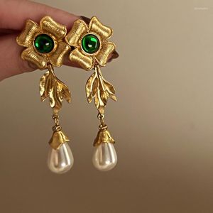 Orecchini per borchie argento fiore smeraldo fiore di strass per perle incorporate a goccia a goccia per le orecchie retrò temperamentali e orecchieni femmine