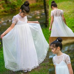 Girl Dresses White Lovely Flower Short Sleeve For Wedding Occasion Tulle Full Length Junior Bridesmaid Clothing Child