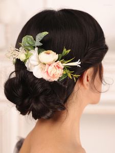 Headpieces Brud Flower Hair Comb Pink Rose Leaves Elegant Women Performance Headboard Wedding Accessories for Bride