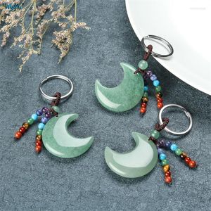 Keychains Ayliss Natural Stones Carved Moon Keychain With 7 Chakra Reiki Healing Gemstone Beads Tassel Keyring Key Chains Jewelry