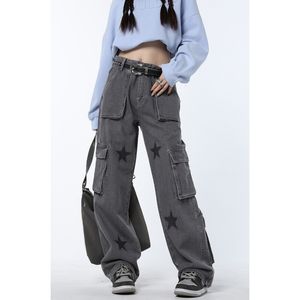 Dżinsy damskie vintage szary wysokiej talii damskie dżinsy proste kieszeń dżinsowe spodnie Star American Fashion Street Odzież szerokie nogi dżinsy kobiety 230329