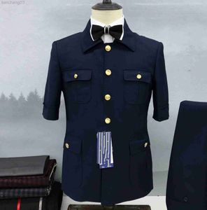 Men's Tracksuits Custom made Spring summer 7-point-sleeve navy blue wedding suits for men half sleeve slim fit groom party Blazer come homme W0329