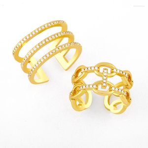 Cluster Rings FLOLA Gold Plated Double Layers Open Cuff Adjustable CZ Micro Pave Three Finger Ring Wholesale Jewelry Gift Rigk42