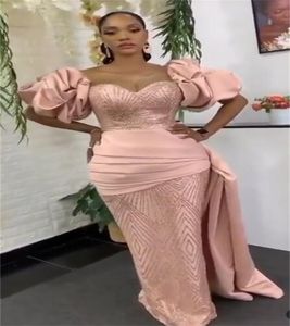 Luxury Pink Aso Ebi Prom Dress For Black Girl 2023 Elegant Ruffles Sleeve Mermaid Evening Gowns With Train Long Birthday Party vestidos de fiesta robe de soiree