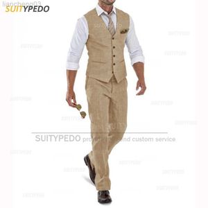 Herrspårar linne kostym för män casual smal fit elfenbensdräkt väst byxor set 2 stycken ny affär sommar prom bröllop tuxedos för män groomsmen w0329