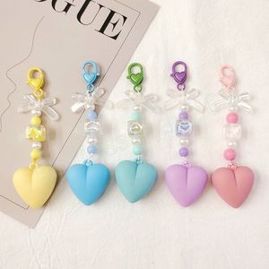 5 colors Frosted Heart Keychain Sweet Mini Bowknot Pearl Beaded Keyring For Girls Earphone Wallet Charms Accessories