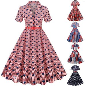 Casual Dresses Women Vintage 1950s Retro Short Sleeve V Neck Flag Print Party Prom Swing Dress