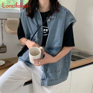 Kvinnors västar överdimensionerade blå denim tank top kvinnors vintage lös korea svart ärmlös bf last grundläggande harajuku tank topp jeans tank top jacka 230329