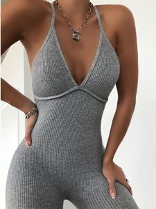 Damen Jumpsuits Strampler Kliou V-Ausschnitt Enger Sexy Bodysuit Damen Sommer Hohl Partykleid Trägerlos Ärmellos Straßenkleidung Rückenfrei Fitness Set 230329