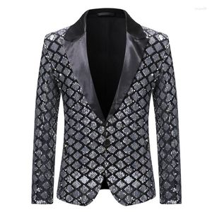 Herrar Silver Silver Sequin Plaid Blazer Jacket Män märke Fashion Slim Fit One Button Dress Suit Male Party Wedding Stage Costume Homme