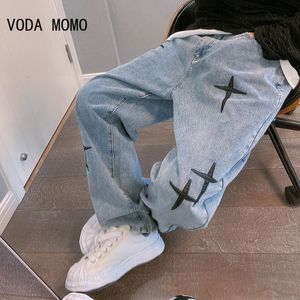 Herr jeans breda ben last byxor streetwear baggy män jeans vår höst män koreansk mode lösa raka manliga varumärken svart 230329