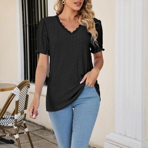 Blouses feminina Mulheres Summer Top Solid Color V Neck Mangas curtas T-shirt Lady T-shirt Mid Length Hollow Out Blouse LOW BULHA