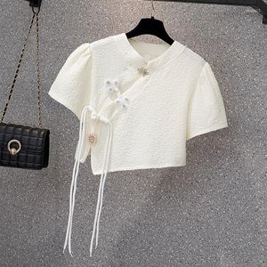 Women's Blouses 2023 Summer Vintage Button-up Shirt Crop Top Short Sleeve Women's Folds Ladies Fashion Blouse Stand Collar Blosue Lady