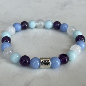 リンクブレスレットMG1705 Aquarius Zodiac Bracelet 8 mm Grade Angelite Snow Quartz Amethyst Energy Wrist Mala Natural Gemstone Jewelry