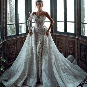 More Pearls One Shoulder Mermaid Wedding Dresses Luxurious Lace Appliques Bridal Gown Custom Made With Detachable Train Robes De Mariee BC15325