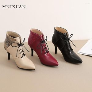 Boots MNIXUAN 2023 Women Shoes High Heel Ankle Snake Print Ladies Booties Pointed Toe Lace Up Office Big Size 10