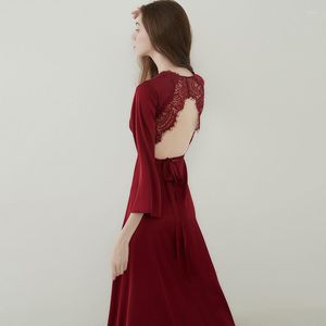 Women's Sleepwear Sexy Burgundy Satin Robe Gown Lingerie Backless Bridal Wedding Kimono Hollow Out Bathrobe Nightgown Nightwear