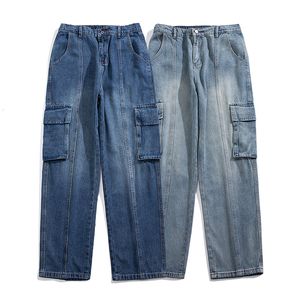 Herr jeans vårlast jeans män baggy big pocket denim pants street mode casual koreanska breda benbyxor streetwear 230329